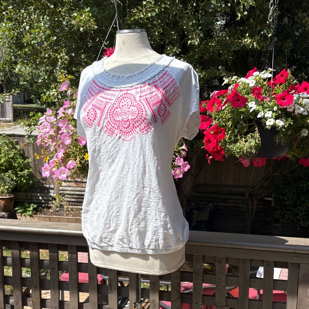Lane Bryant White and Pink Embroidered Women's Cotton Top